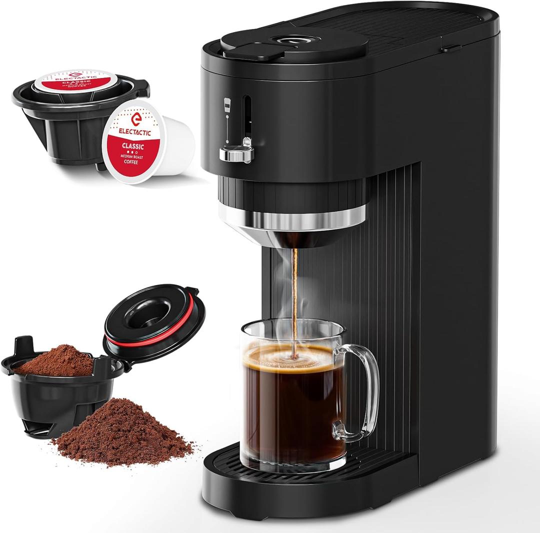 Single Serve Coffee Maker Brew with Coffee Pods & Grounds, Compatible with Kcup Coffee Pods, Small Sizes Up to 6 8 10 12 14 Oz, 14 Oz Water Reservoir, Easy to Clean for Office Travel Home, Black