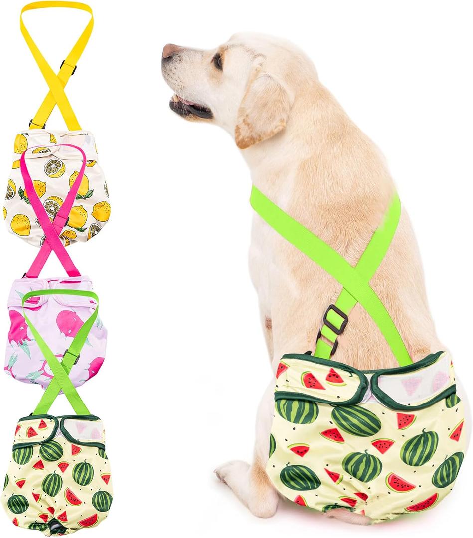 Avont 3 Pack Washable Female Dog Diaper with Suspender, Reusable Girl Doggie Diapers for Small Medium Large Doggy in Heat Cycle Period Incontinence (Yellow/Pink/Green)