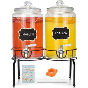 1 Gallon Beverage Dispenser 2 Pack, Stainless Steel Spigot Drink Dispenser for Parties with Stand, Clear Glass Drink Container Easy to Refill and Clean