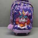 gxtvo 1PC Kids Rolling Backpack for Girls,Cute School Bag with Wheels,Water Resistant Roller Bookbag Set for Elementary Preschool - Purple Unicorn