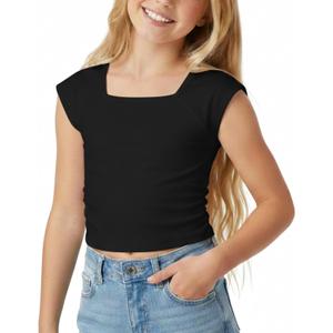Girls Short Sleeve Crop Tops: Summer Square Neck Side Drawstring Tees Summer Casual T Shirts, Size 9-10 Years (Black)