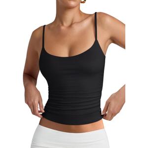 PINKMSTYLE Women's Basic Double Lined Scoop Neck Tank Tops Adjustable Cami Tank Summer Sleeveless Tops (Large, Black)