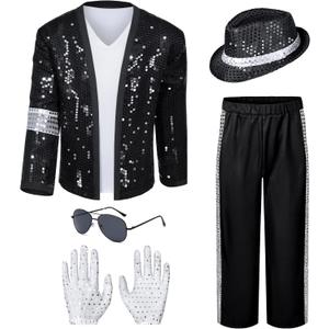 Mens Dance Star Costume for Adult 80s 90s Glitter Pop Stage Party Halloween Cosplay (Small, Black)