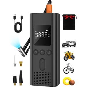 AIRSURE Tire Inflator Portable Air Compressor, 150 PSI Fast Inflation Cordless Air Pump with LED Light, Auto Shut-Off, Rechargeable Battery for Car, Motorcycle, Bike, and Sports Balls