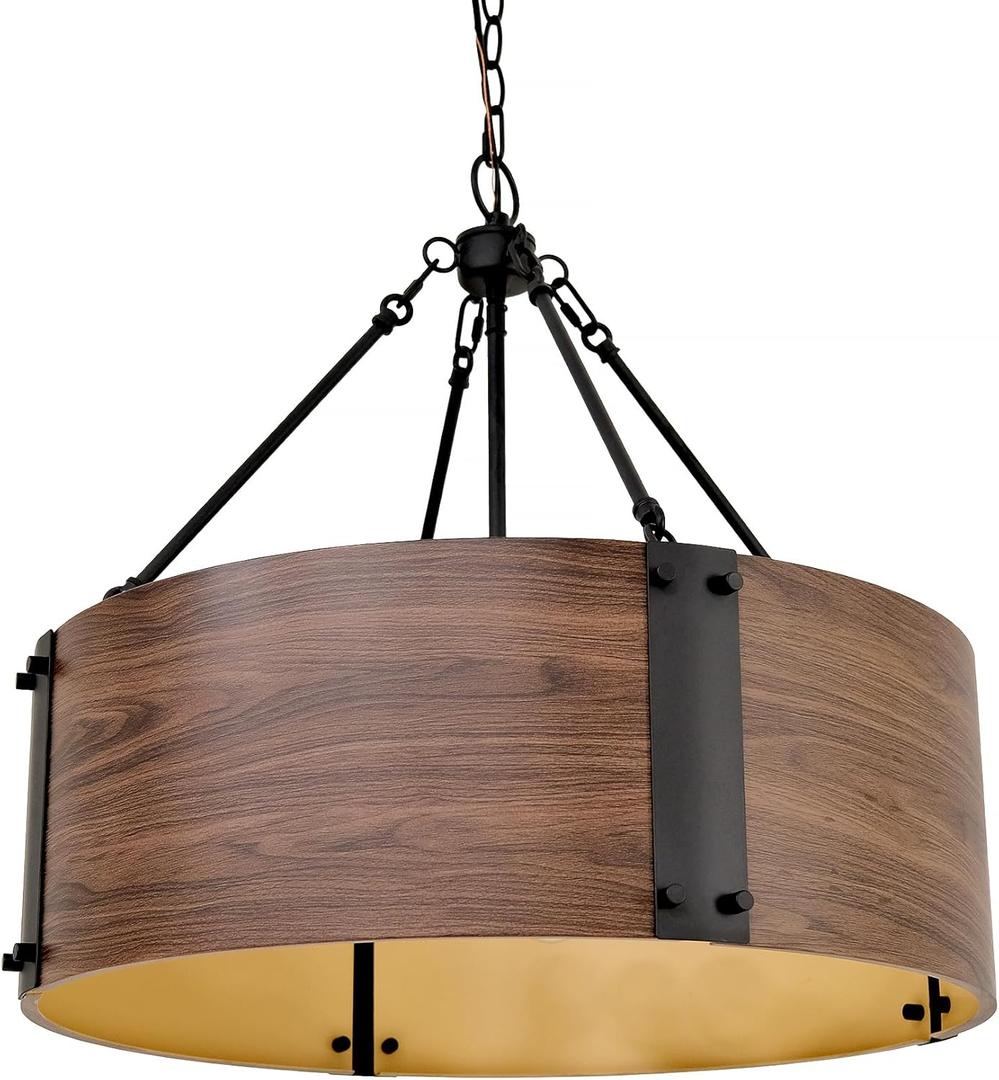 Chandelier Lighting Fixture, 4-Light, Black Walnut Wood Metal Drum Shade, Rustic Industrial Iron Pendant for Kitchen Island Living Dining Room Over Table, 23" W x 21.5" H
