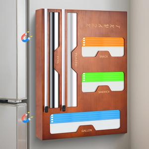 Magnetic Ziplok Bag Organizer for Refrigerator or Drawer, Natural Bamboo Foil and Plastic Wrap Organizer with Cutter, Storage Bag Holder for Gallon, Sandwich, Snack Food Bags (Brown)