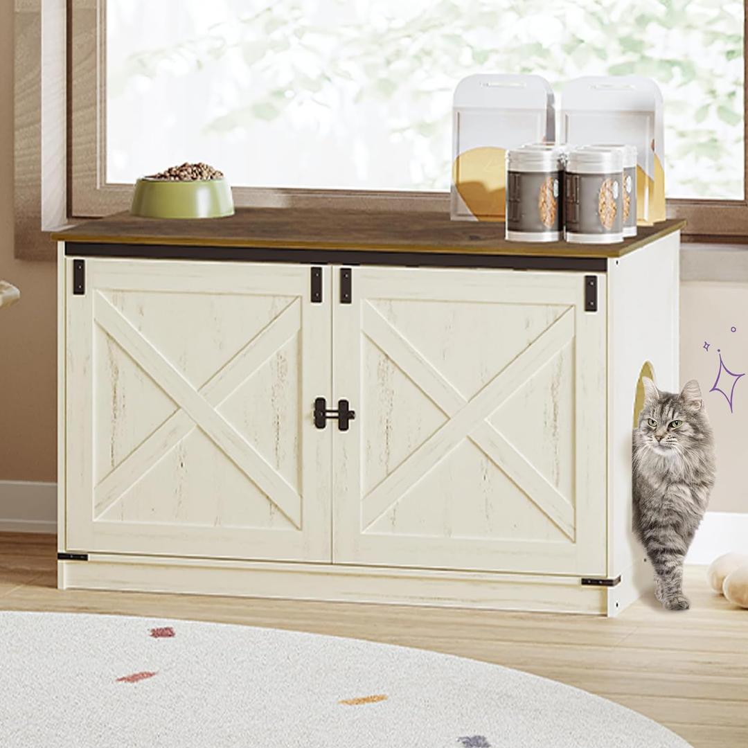 Hzuaneri Cat Litter Box Enclosure with Cushion, Hidden Litter Box Furniture with Removable Dividers, Reversible Entrance Left or Right Side, Cat House, Rustic White and Brown CB84714X