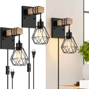 Lomoky Plug in Wall Sconces Set of Two, Vintage Wood Wall Lamps with Plug in Cord, Farmhouse Wall Light Fixture with 5.25FT On/Off Switch Cord, Indoor Sconces Lighting for Bedroom Living Room