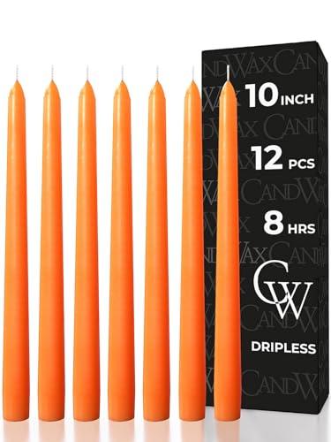 CANDWAX 10 inch Orange Taper Candles Set of 12 — Dripless Unscented Orange Candlesticks for Halloween Decorations, Dinner Table Centerpiece or Thanksgiving Décor