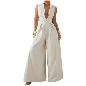 SOLY HUX Women's Zipper Front Wide Leg Jumpsuit Summer Mock Neck Sleeveless Elegant Romper, Small, Plain Apricot