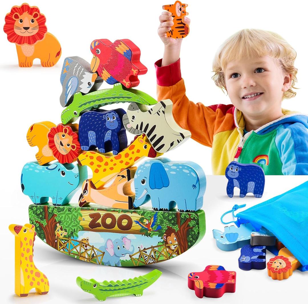 Animals Montessori Toddler Toys 2 3 4 5 6 7 Year Old Boys Girls Wooden Animal Blocks Stacking Toy Kids Birthday Gifts for Boy Girl Age 3-7 Educational Toys Fine Motor Balance Game