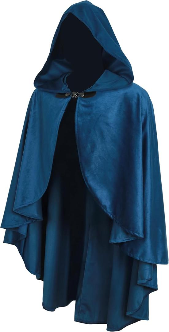 Fairy Hooded Cloak Renaissance Costume Medieval Cosplay Wizard Witch Cape (Blue)