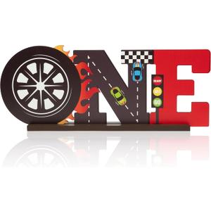 Race Car ONE Letter Sign Wooden Table Centerpiece Lets Go Racing Checkered Theme 1st Birthday Party Decoration Supplies Milestone Cake Smash Baby Shower Photo Prop Table Decor for Baby Boys