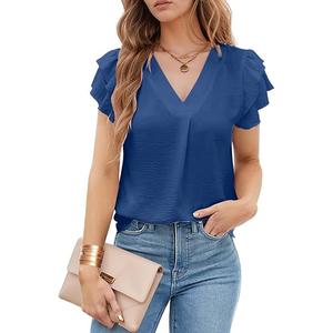 Womens Dressy Tops 2025 Chiffon Shirts Blouses Flying Puffle Short Sleeve V Neck Spring Summer Fall Casual Tops XL