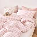 LEMIROE Cottage Gingham 100% Cotton Duvet Cover Queen Size 3PC - Sweet Blush Pink & Soft White Mini Check Pattern, Modern Farmhouse Bedding Set with Button Closure (90"90")