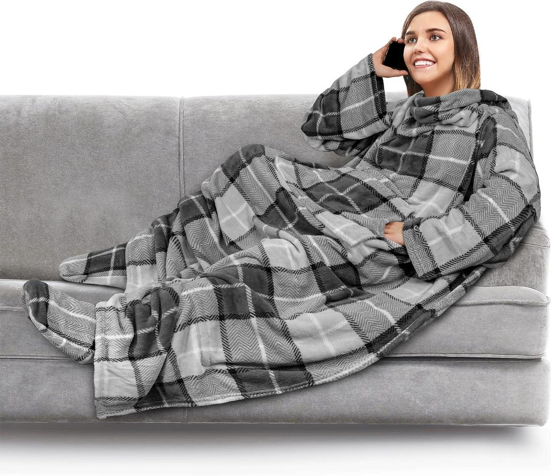 PAVILIA Fleece Blanket with Sleeves, Foot Pockets for Women Men Adults, Plush Wearable Blanket Throw Wrap, Warm Snuggle Blanket Robe, Cozy Gift Ideas Wife Mom, Plaid Dark Gray
