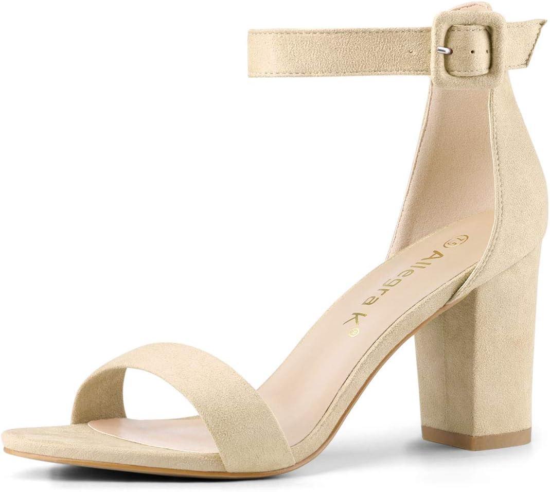 Allegra K Women's Open Toe High Chunky Heel Buckle Ankle Strap Sandals (7, Beige)