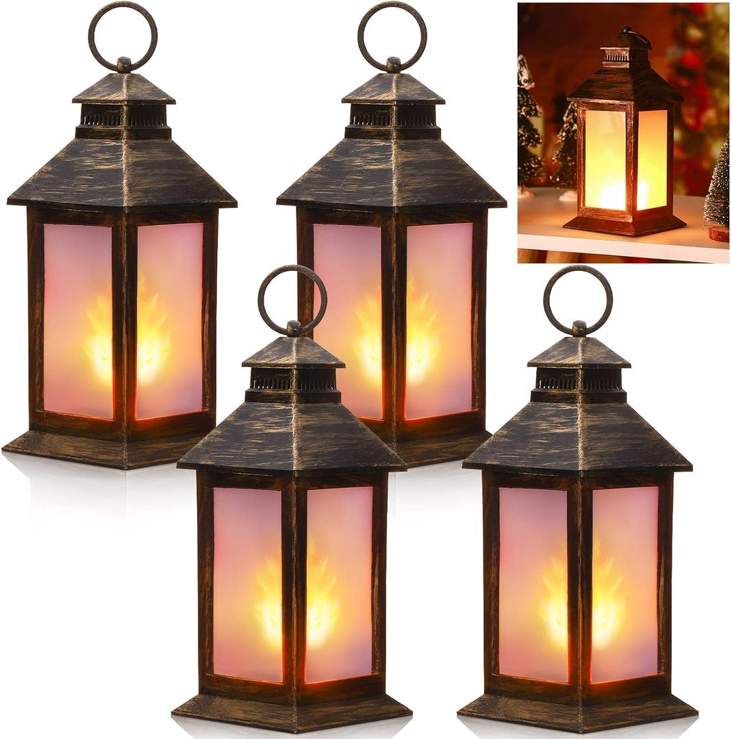 Tondiamo 4 Pcs Vintage Decorative Lantern for Centerpiece Wedding Tall Retro Hanging Lantern LED Pillar Candles Battery Operated Candles Waterproof for Christmas Indoor Party Decoration(Bronze)
