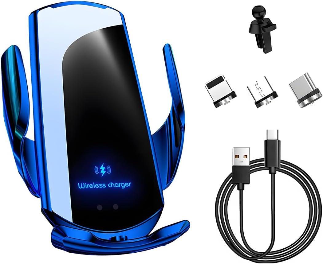 Wireless Car Charger, 15W Fast Charging Air Vent Mount Auto-Clamping Phone Holder, Automotive Electric Induction Charger 360 Rotating Magnetic Vent Mount Bracket for Smartphones (Blue)
