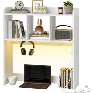 HOOBRO Desktop Bookshelf, Office Desktop Shelf, Desk Hutch with Outlets, Wooden Office Desktop Bookcase, Desktop Organizer Shelf with LED Light Strip and 3 Hooks, for Home, Study, White WT12UDSJ01