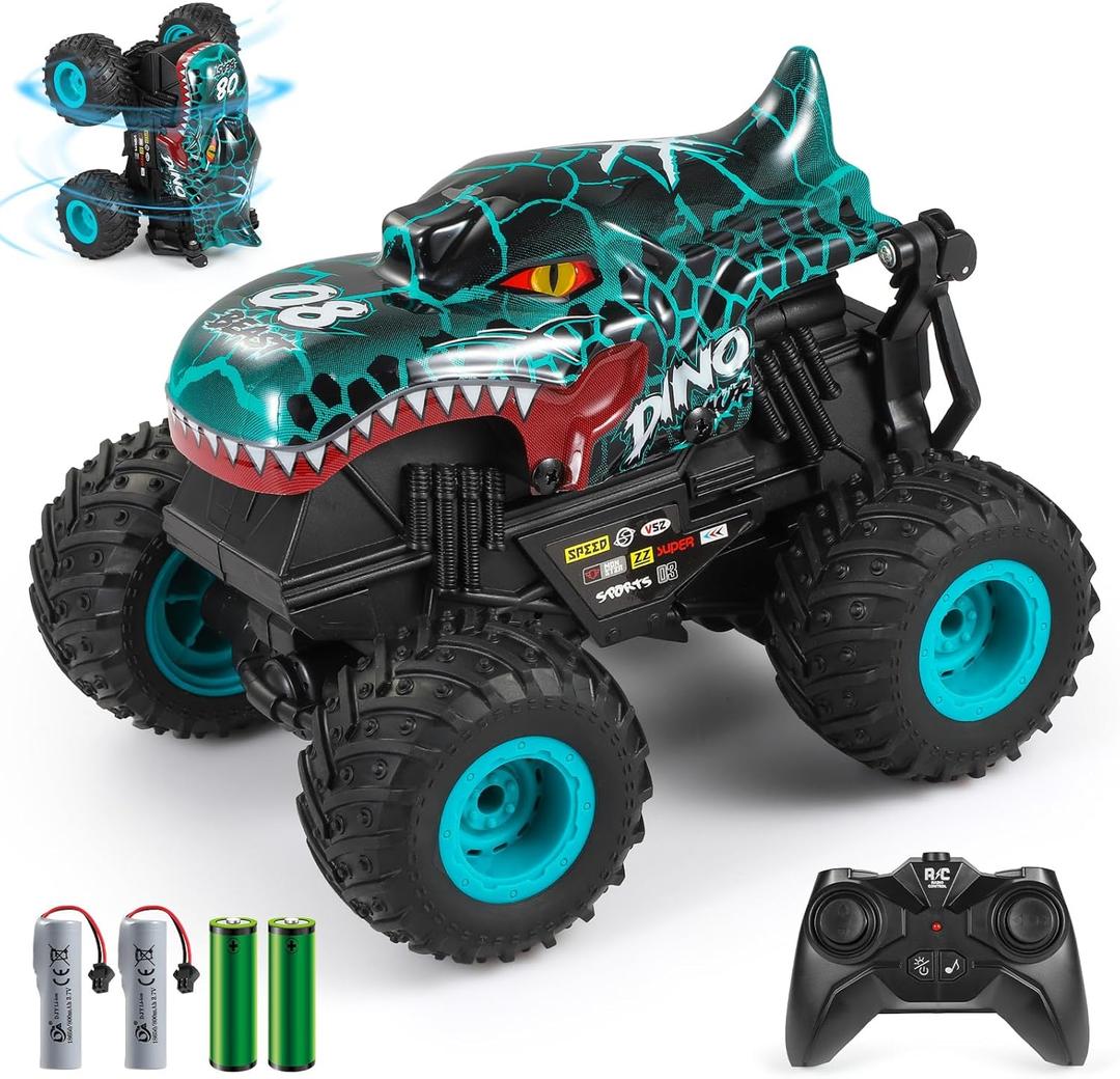 DYODYORC Remote Control Car, 2.4Ghz All Terrain Dinosaur Monster Truck Toys, RC Truck with Music, 3 Lighting Effects, 360 Stunt Capable, All Included Ready to Run, Toy Gifts for Boys and Girls (Cyan)