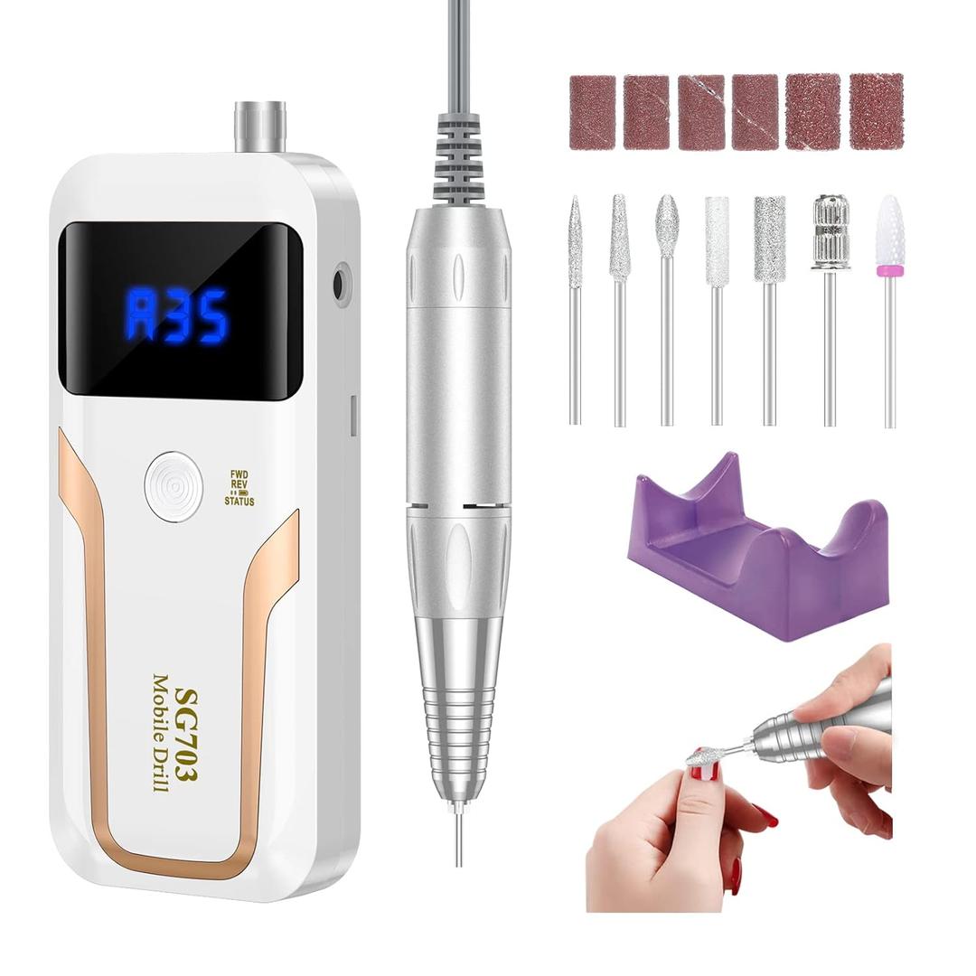 Portable Nail Drill Professional 35000 RPM, MOCOWIND Rechargeable Electric Nail File Machine E File for Acrylic Gel Polishing Removing, Cordless E-File with Bits Kit for Manicure Salon Home, White
