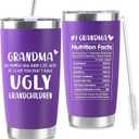 Christmas Gifts for Grandma, Funny Grandma Insulated Travel Tumbler, Nice Grandmother Mom Gifts for Xmas Thanksgiving Day Birthday, At Least You Don't Have Ugly Grandchildren (20Oz, Purple)
