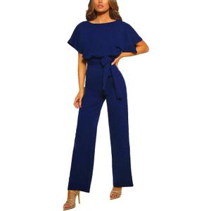 amropi Women's Short Sleeve Jumpsuits Belted Wide Leg Long Pant Romper, Size: M