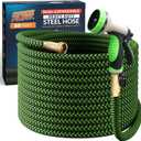 PowerFlow Garden Hose, NON-EXPANDABLE 50 Feet Premium Quality Stainless Steel Metal Water Hose with Durable Fabric Skin, Hose For Commercial, Residential Use, Bonus 10-way Spray Nozzle (50 Ft, Green)