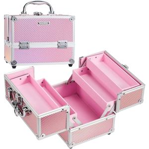 FRENESSA Makeup Train Case Portable Makeup Case Organizer Cosmetic Box Make Up Box Makeup Organizer Cosmetic Storage Cases with Locking Nail Kit Organizer Travel Case Mermaid Pink