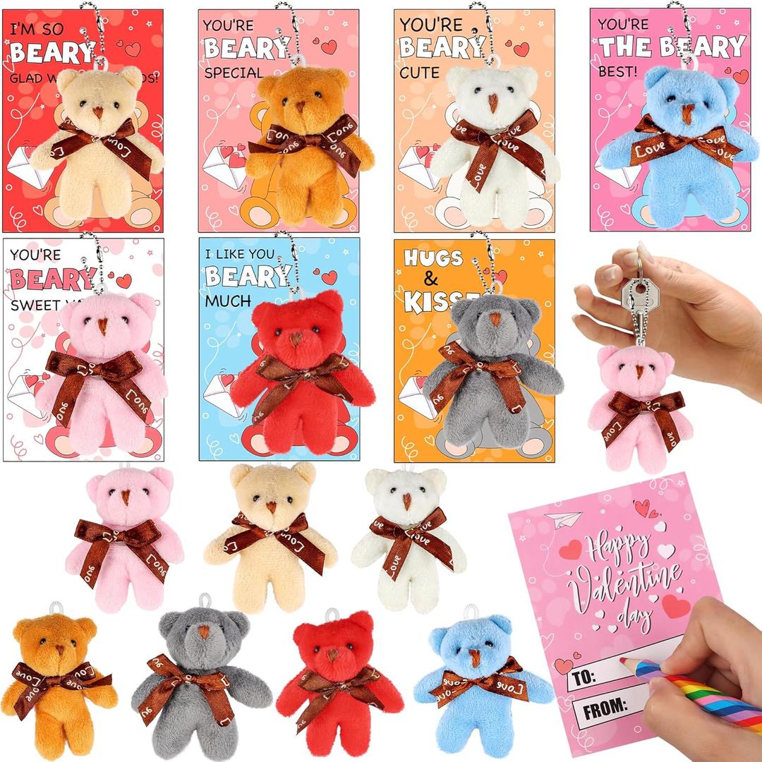 28 Pack Valentines Day Cards for Kids with Mini Plush Bear Keychains - Classroom Exchange Gifts, Valentines Party Favors for School Class, Valentines Day Prizes for Boys & Girls