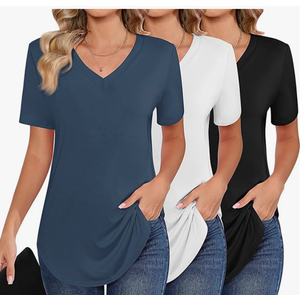 Ficerd 3 Pack Plus Size V Neck T-Shirts for Women, Short Sleeve Split Side High Low Hem Tunics Tops Basic Summer Tee Blouses L