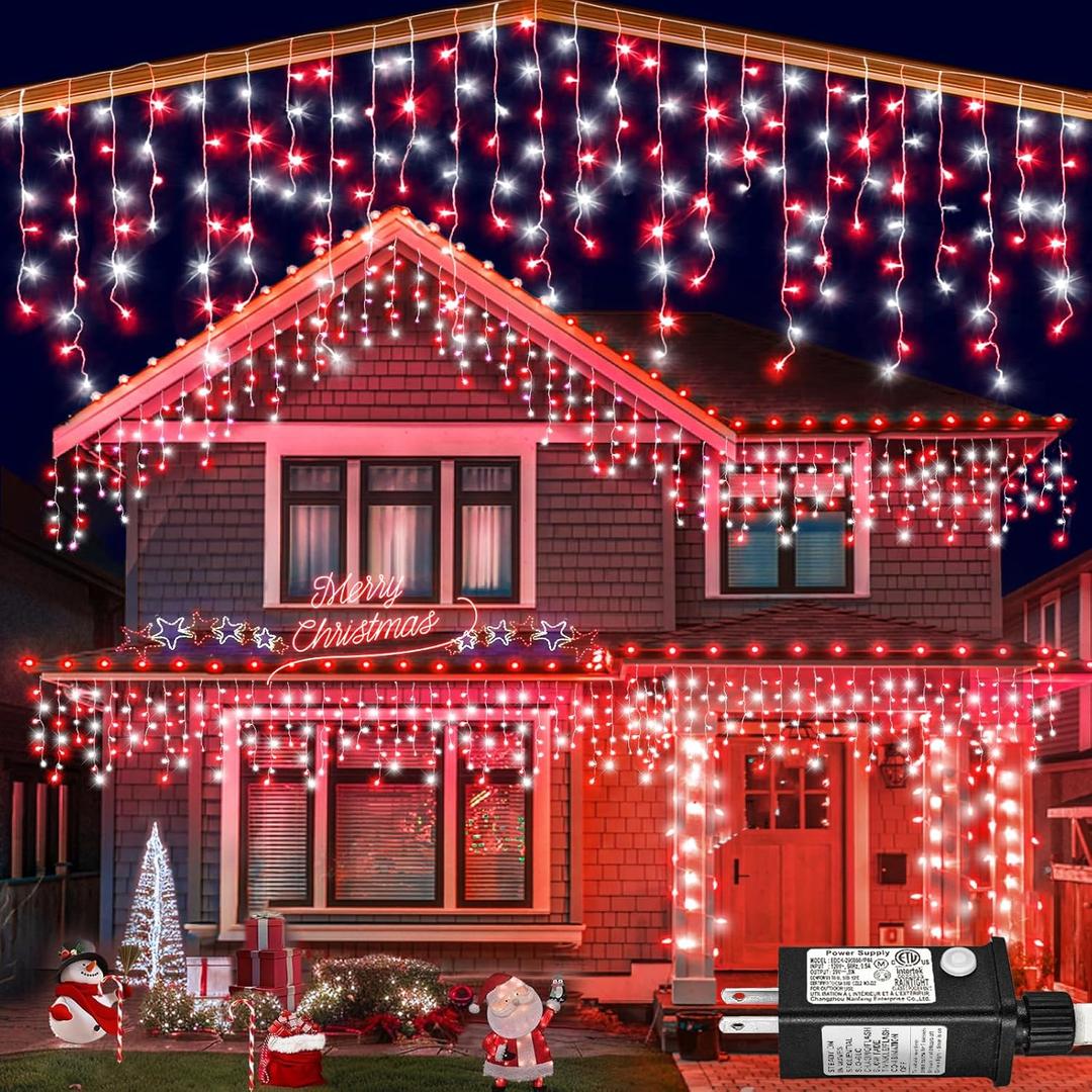 132ft Icicle Lights for Outside, Red and White Christmas Lights Outdoor Indoor, 1280 LED Twinkle With 240 Drops Short Curtain for Thanksgiving Room Home Wall Bedroom Window Decoration