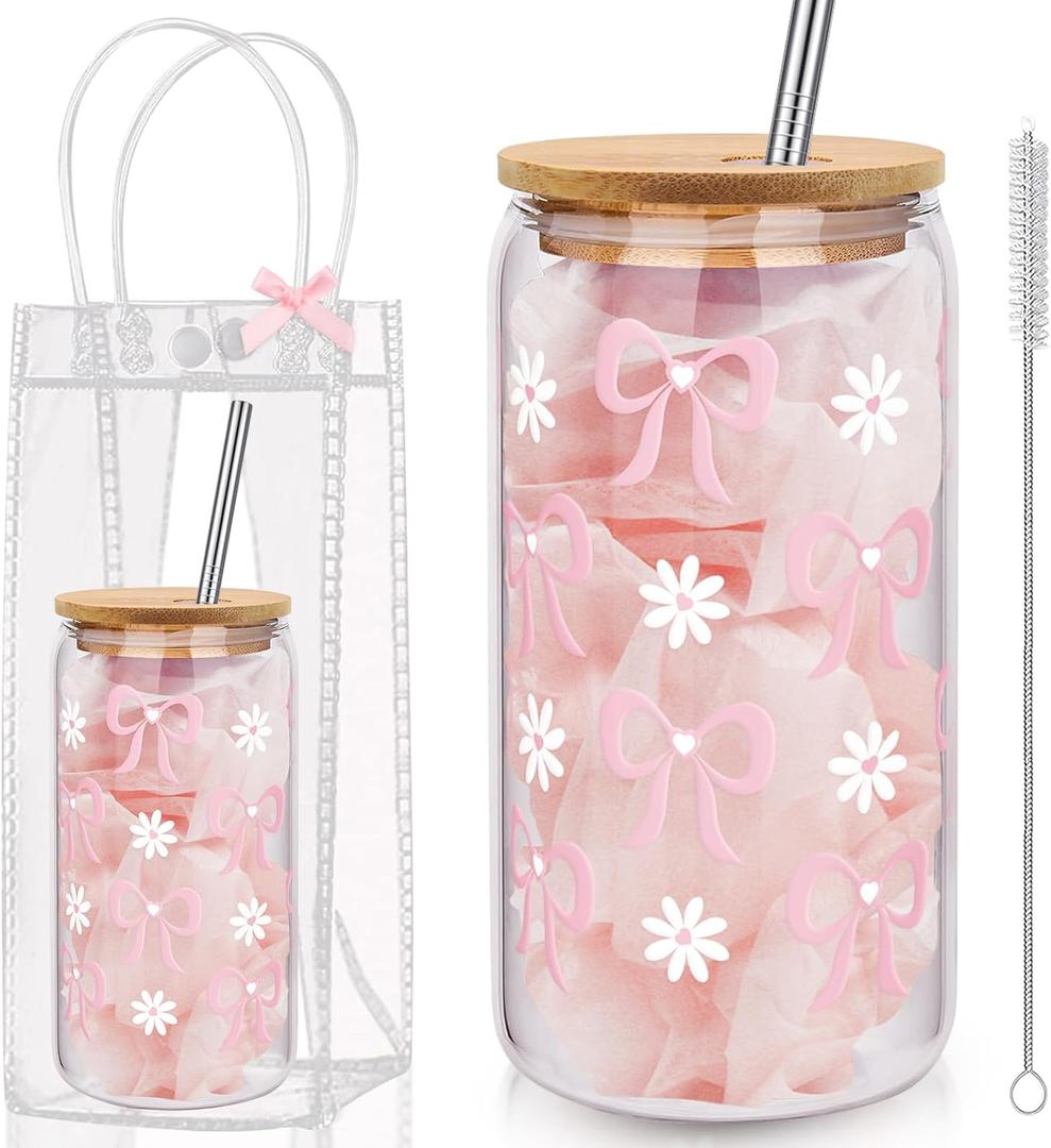 Coquette Bow Aesthetic Cup with Clear Gift Bag 16 oz Glass Cups with Lids and Straws Trendy Iced Coffee Tumbler for Girls Sister Girlfriend Birthday Valentines Gifts Wedding Bridesmaid Bride Favor