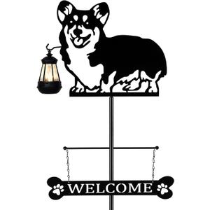 ANGELLOONG 51" Solar Corgi Silhouette Dog Welcome Sign with Lantern, Outdoor Decorative Corgi Gifts for Garden Yard Lawn Patio Pathway