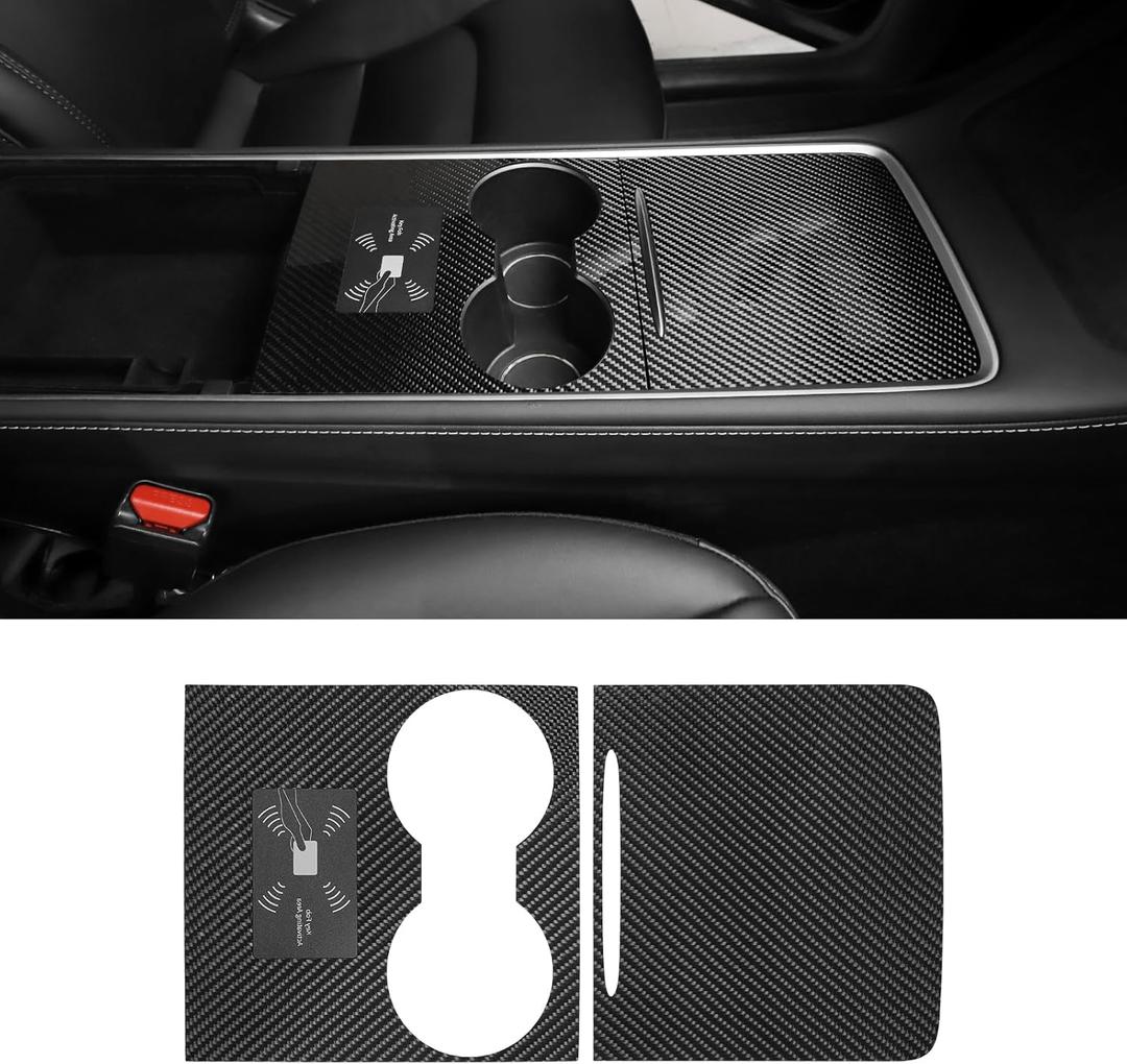 Real Carbon Fiber Center Console Wrap Kit for Tesla Model Y 2021-2024 & Model 3 2021-2023 | 2PCS OEM Style Interior Trim Cover | Adhesive Upgrade Set