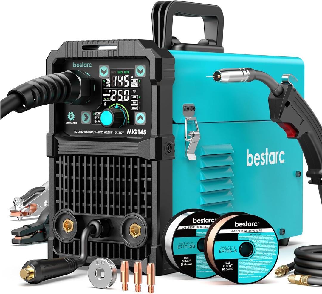 bestarc 145A MIG Welder, 110V 220V 4 in 1 Gas/Flux Core MIG/Lift TIG/Stick Welder Machine, Large LED Display Welding Machine, IGBT Inverter Welder MIG145 Soild Gasless Synergy MIG Welder