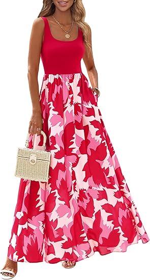 KIRUNDO Women Summer Sleeveless Boho Floral Maxi Dress 2026 Scoop Neck Tank A Line Flowy Beach Vacation Resort Wear Sundress Large