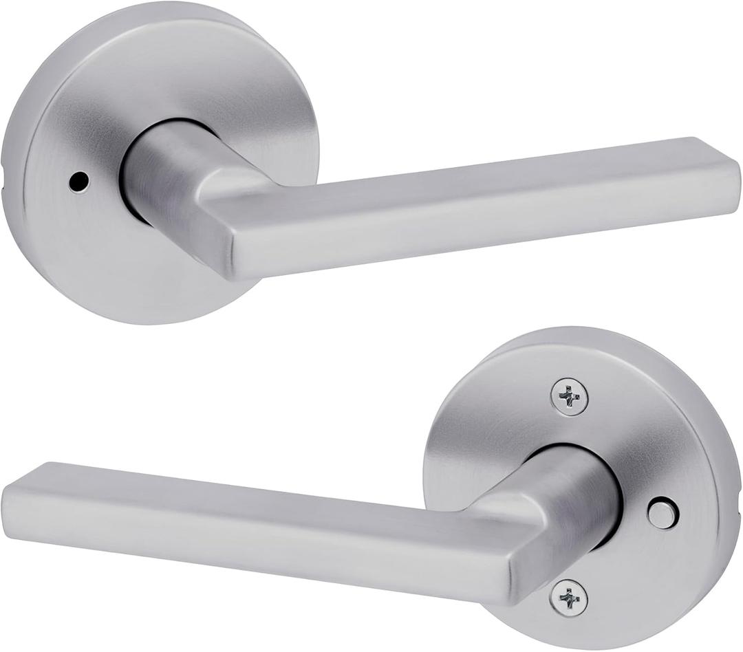 Kwikset Halifax Interior Privacy Door Handle with Lock, Round Lever for Bathroom and Bedroom, Satin Chrome Reversible Keyless Push Button Lock Door Lever, with Microban Protection (1 Pack)