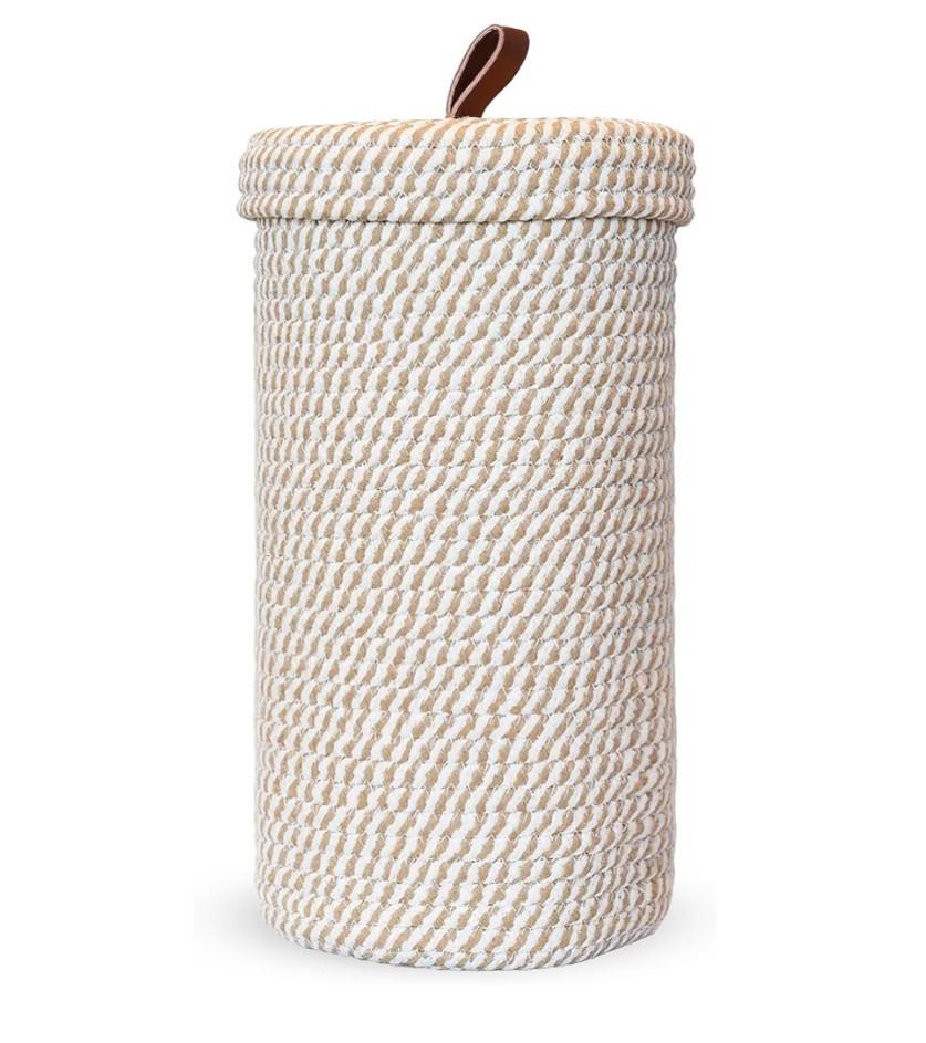 Toilet Paper Holder Handmade – Woven Toilet Paper Stand & Storage Basket with Lid, Cotton Freestanding Organizer for Bathroom, Fits 3 Rolls Cream Brown