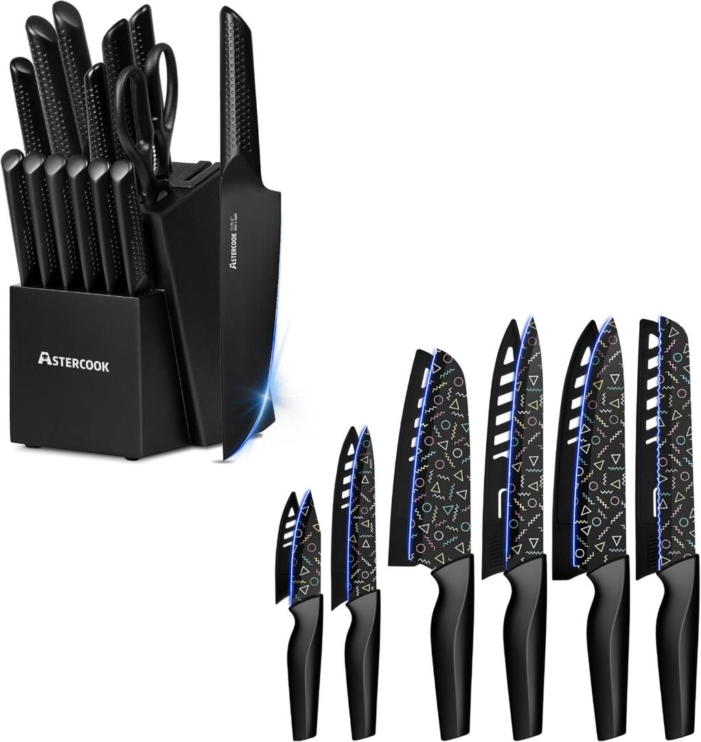 Astercook 6 Pieces Chef Kitchen Knife Set with Block and 12 Pcs Colorful Geometric Pattern Kitchen Knife Set, German High Carbon Stainless Steel Dishwasher Safe