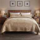 Fleeco 108'' x 96'' Velvet Quilt Set King Size, Lightweight Velvet Comforter Bedding Set, Ultra Soft Bedspread Coverlet with 2 Matching Shams, for All Seasons, Light Brown, King/Cal King