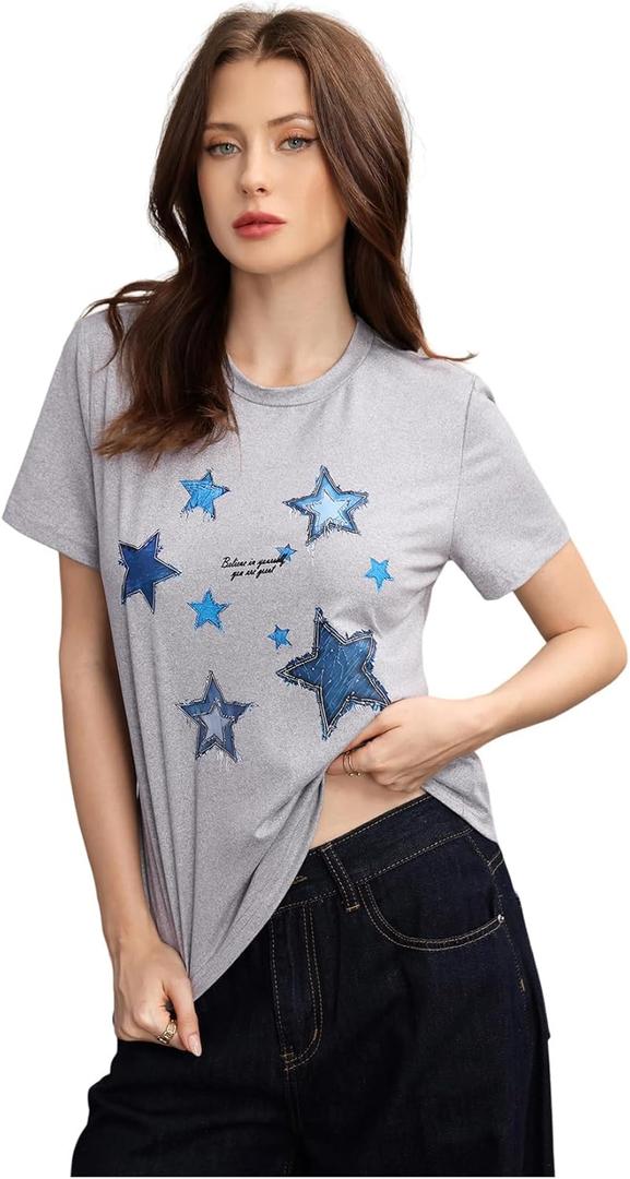 SHENHE Women's Star Print Graphic Tee Crew Neck Short Sleeve Summer Casual Going Out Top (Grey) M