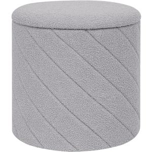 Round Boucle Storage Ottoman with Reversible Wood Tray, 17.7" Sherpa Cylinder Footrest Stool with Storage, Upholstered Folding Ottoman Coffee Table for Living Room Bedroom Dorm, Grey