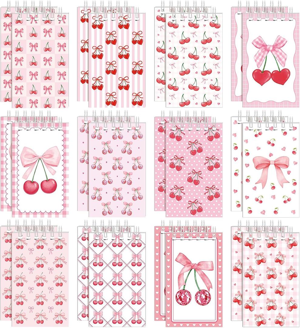 24 Pcs Bow Cherry Mini Notebook Coquette Small Spiral Journal Notepad Pink Cherry Pocket Memo Notebook for Girls Women Pink Coquette Party Favors Bow Office School Supplies