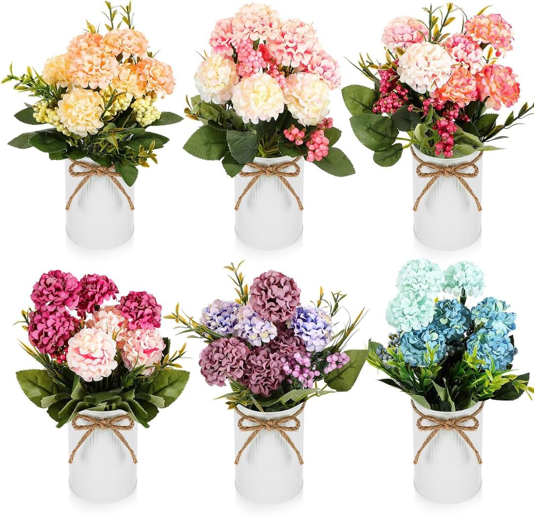 6 Sets Flower Centerpieces for Tables Decor Artificial Hydrangeas with Vase and Hemp Rope Floral Arrangement Faux Flowers Fake Hydrangea Bouquets for Table Wedding Home Office Party (Bright Color)