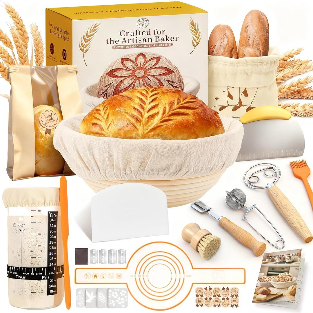 Complete Sourdough Starter Kit | Easy to Clean & Use for Beginners & Bakers | Natural Rattan Proofing Basket with Full Accessories | Sourdough Bread Baking Supplies for Bakers Women Wife (Yellow)