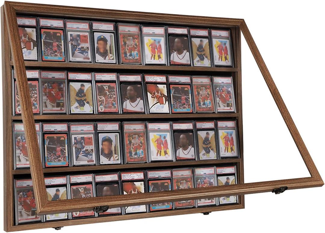 VERANI Baseball Card Display Case - 36 Graded Sports Card Display Frame - Holds Sport Cards with UV Protection Clear View Lockable Wall Cabinet for Football Basketball Hockey Trading Card, Walnut (Large-Horizontal-Walnut-Blacklock)