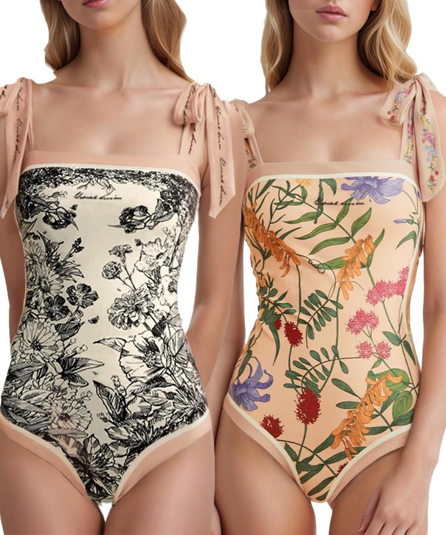 SKAYS Reversible Floral One Piece Swimsuit Women Bathing Suit Vintage Cute with Adjustable Straps Swimwear (10-12, Pink)