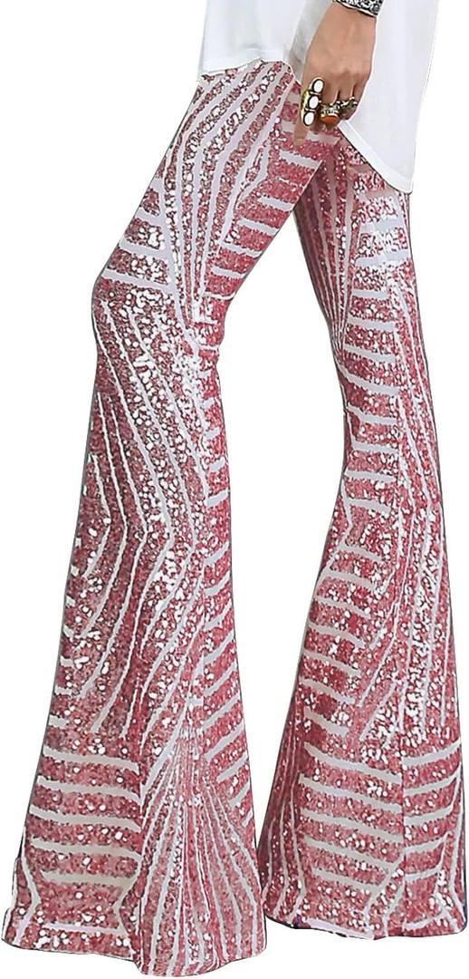 BLENCOT Women's Glitter Sequin Wide Leg Palazzo Pants High Waist Bell Bottoms Party Flared Trousers (XX-Large, Pink)